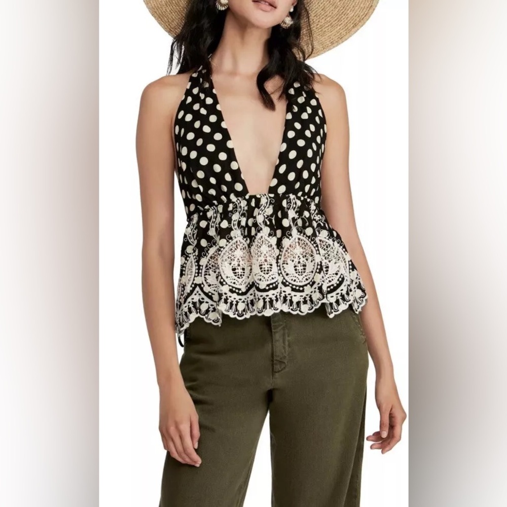 Free People Black and Cream Polka Dot Halter Top